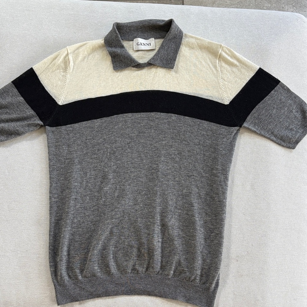 Ganni Cream and Gray Polo Shirt